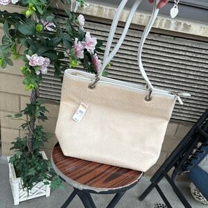 NWT Talbots Cream Tote Bag With White Leather Straps